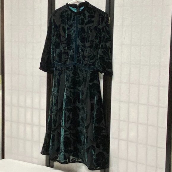 Rick Rhe Handmade Italy Silk Velvet Devore ¾ Sleeve Lined High Neck Ruffle Dress - Picture 4 of 13